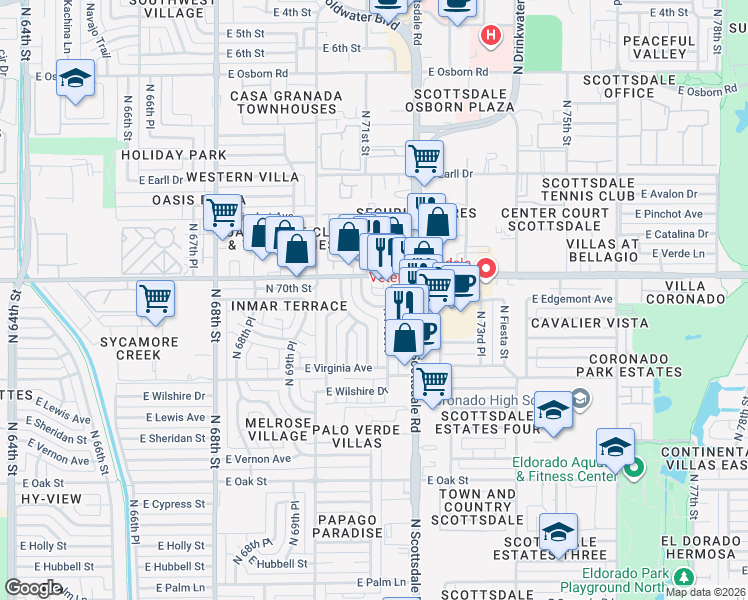 map of restaurants, bars, coffee shops, grocery stores, and more near 2837 North 71st Place in Scottsdale
