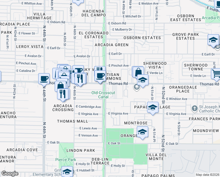 map of restaurants, bars, coffee shops, grocery stores, and more near 4747 East Thomas Road in Phoenix