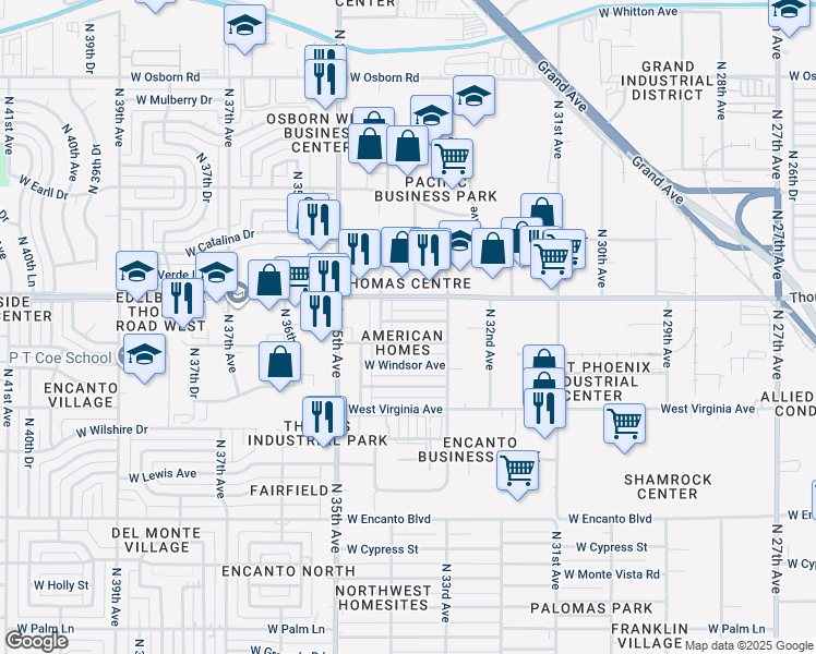 map of restaurants, bars, coffee shops, grocery stores, and more near 3320 West Edgemont Avenue in Phoenix
