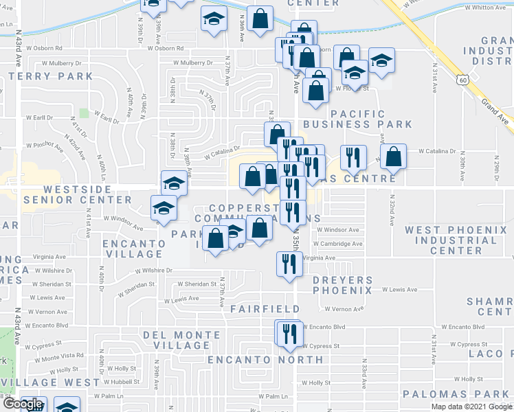 map of restaurants, bars, coffee shops, grocery stores, and more near 3601 West Thomas Road in Phoenix