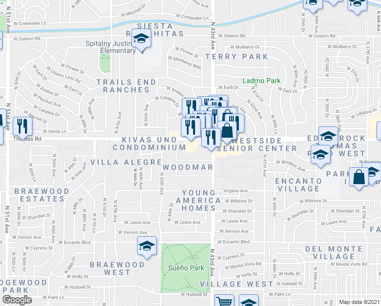 map of restaurants, bars, coffee shops, grocery stores, and more near 4333 West Thomas Road in Phoenix
