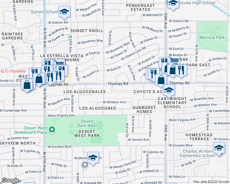 map of restaurants, bars, coffee shops, grocery stores, and more near 6131 West Thomas Road in Phoenix