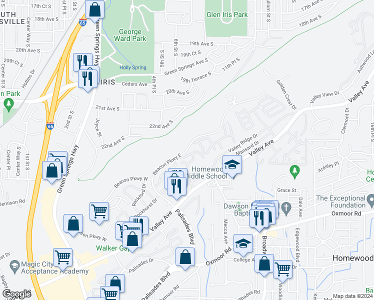 map of restaurants, bars, coffee shops, grocery stores, and more near 1120 Beacon Parkway West in Birmingham