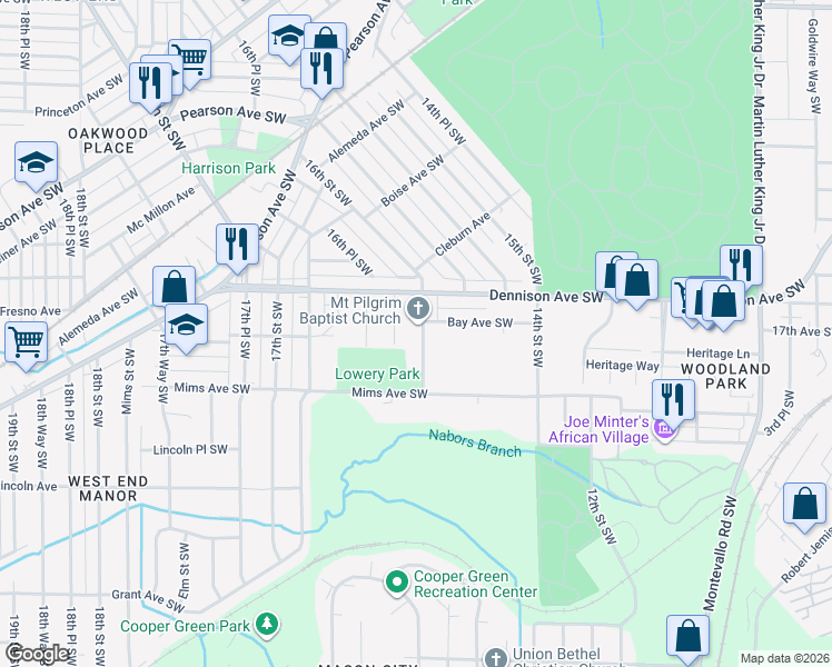 map of restaurants, bars, coffee shops, grocery stores, and more near 1340 16th Street Southwest in Birmingham