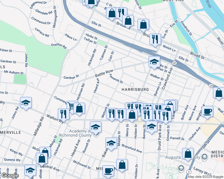 map of restaurants, bars, coffee shops, grocery stores, and more near 2006 Starnes Street in Augusta