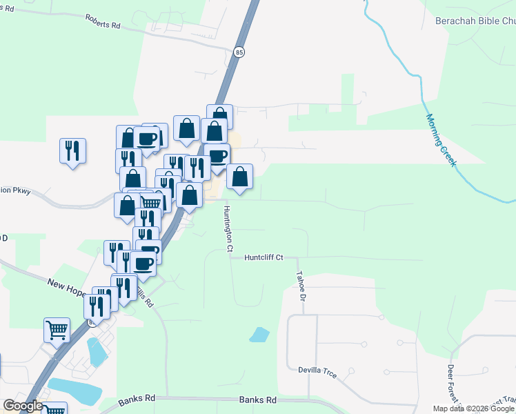 map of restaurants, bars, coffee shops, grocery stores, and more near 140 Pine Trail Road in Fayetteville