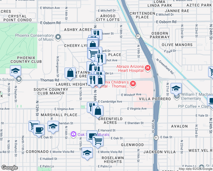 map of restaurants, bars, coffee shops, grocery stores, and more near 1645 East Thomas Road in Phoenix