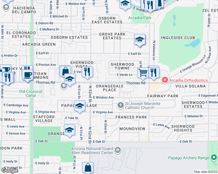 map of restaurants, bars, coffee shops, grocery stores, and more near 5245 East Thomas Road in Phoenix