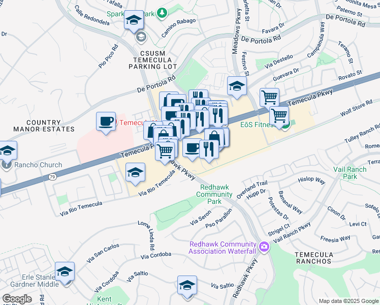 map of restaurants, bars, coffee shops, grocery stores, and more near 32085 California 79 in Temecula