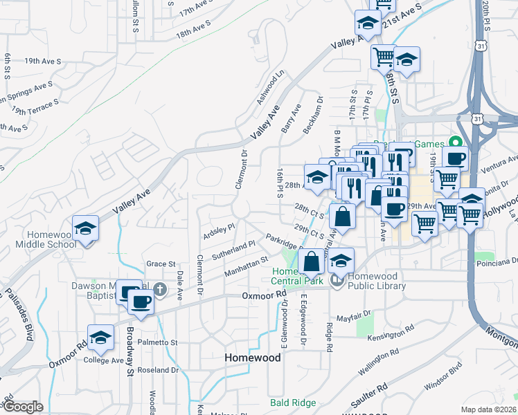 map of restaurants, bars, coffee shops, grocery stores, and more near 1523 Bellview Circle in Birmingham