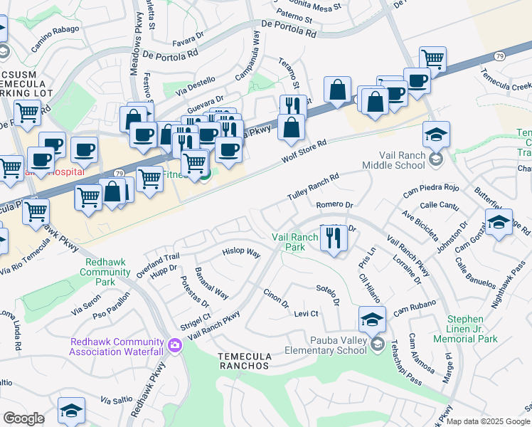 map of restaurants, bars, coffee shops, grocery stores, and more near 32769 Tulley Ranch Road in Temecula