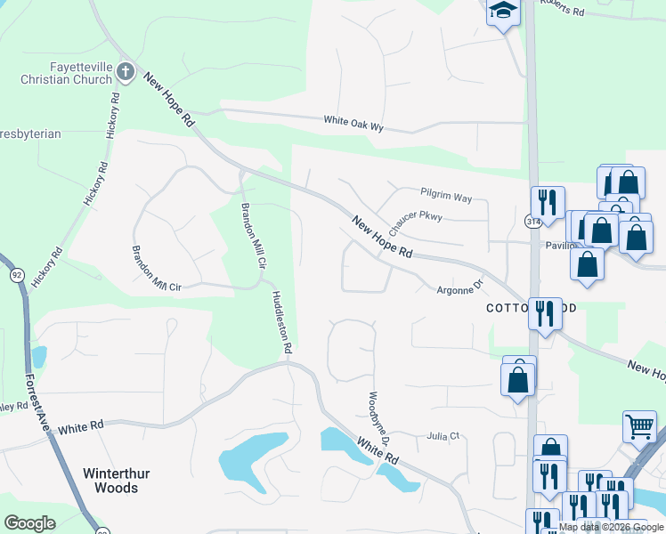 map of restaurants, bars, coffee shops, grocery stores, and more near 230 Normandy Drive in Fayetteville