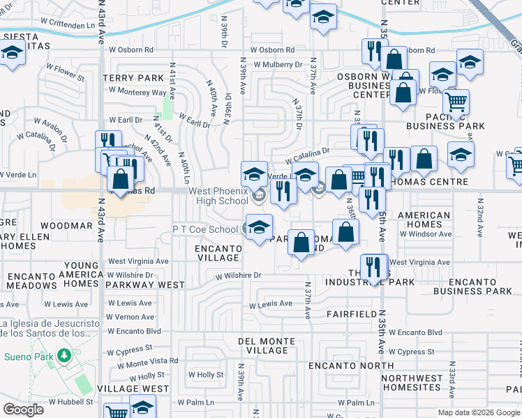 map of restaurants, bars, coffee shops, grocery stores, and more near 3803 West Thomas Road in Phoenix