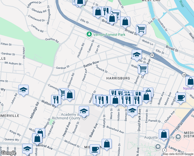 map of restaurants, bars, coffee shops, grocery stores, and more near 2013 Starnes Street in Augusta