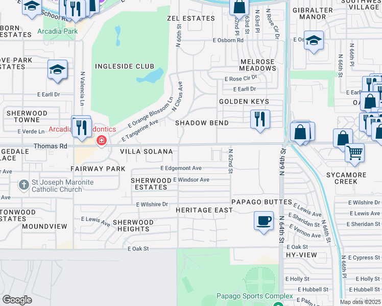 map of restaurants, bars, coffee shops, grocery stores, and more near 6001 East Thomas Road in Scottsdale