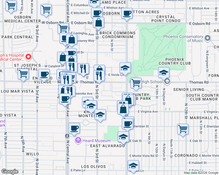 map of restaurants, bars, coffee shops, grocery stores, and more near 355 East Thomas Road in Phoenix