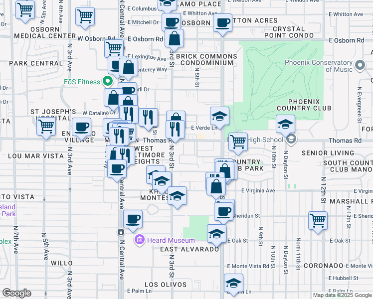 map of restaurants, bars, coffee shops, grocery stores, and more near 355 East Thomas Road in Phoenix