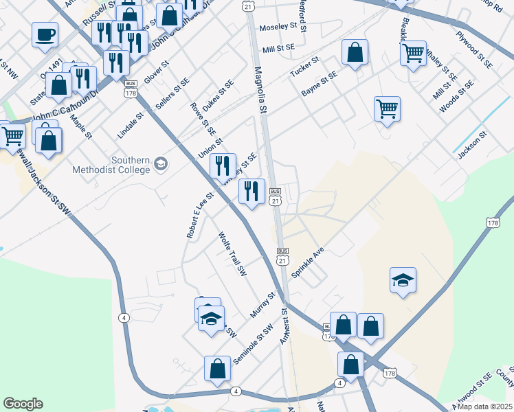 map of restaurants, bars, coffee shops, grocery stores, and more near 1037 Broughton Street in Orangeburg