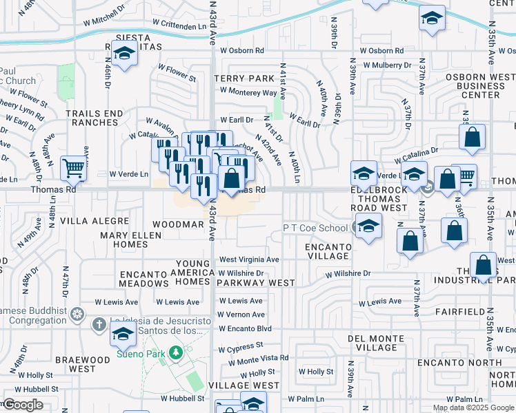 map of restaurants, bars, coffee shops, grocery stores, and more near 4135 West Thomas Road in Phoenix