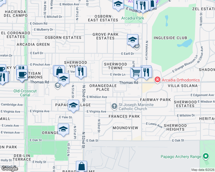 map of restaurants, bars, coffee shops, grocery stores, and more near 5333 East Thomas Road in Phoenix