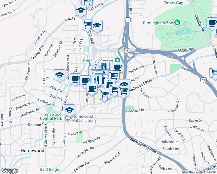map of restaurants, bars, coffee shops, grocery stores, and more near 1903 29th Ave S in Homewood