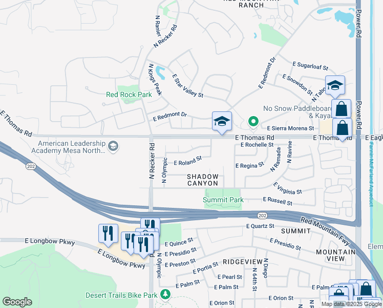 map of restaurants, bars, coffee shops, grocery stores, and more near 6157 East Rochelle Street in Mesa