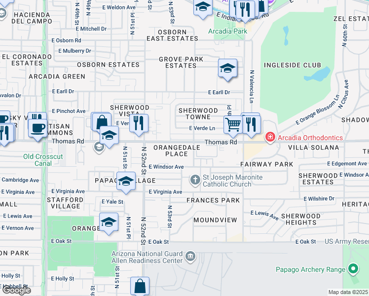 map of restaurants, bars, coffee shops, grocery stores, and more near 5333 East Thomas Road in Phoenix