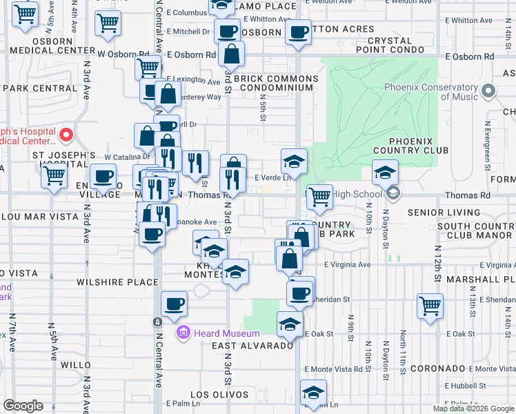 map of restaurants, bars, coffee shops, grocery stores, and more near 355 East Thomas Road in Phoenix