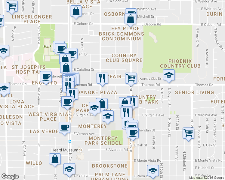 map of restaurants, bars, coffee shops, grocery stores, and more near 355 East Thomas Road in Phoenix