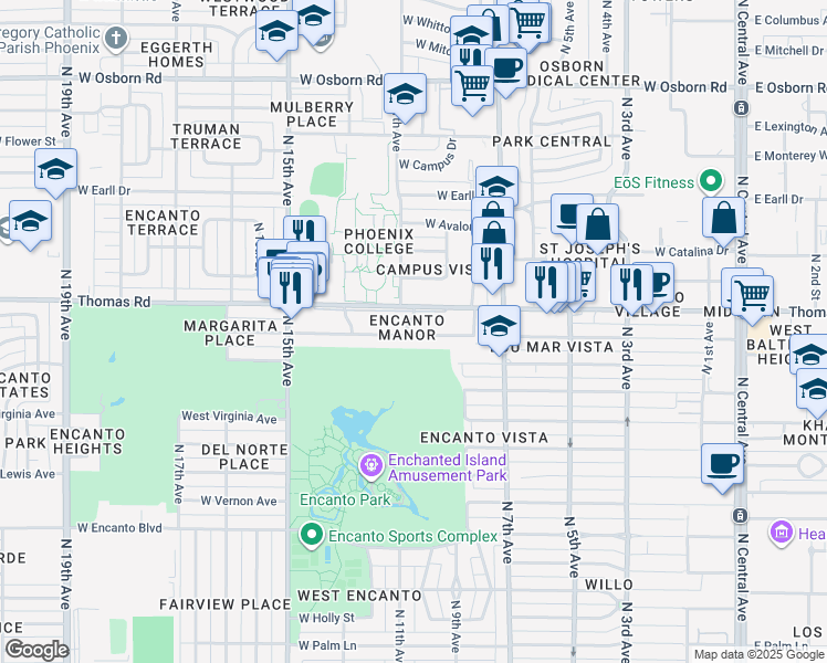 map of restaurants, bars, coffee shops, grocery stores, and more near 843 West Thomas Road in Phoenix