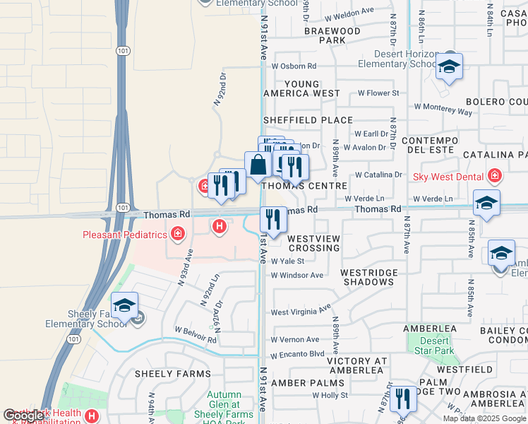 map of restaurants, bars, coffee shops, grocery stores, and more near West Thomas Road in Phoenix