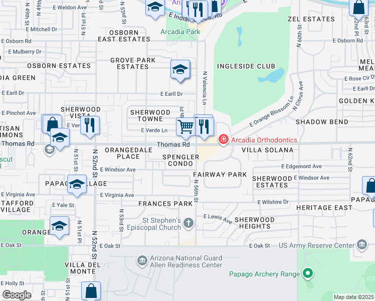 map of restaurants, bars, coffee shops, grocery stores, and more near 5525 East Thomas Road in Phoenix