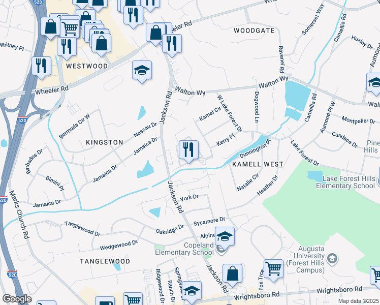 map of restaurants, bars, coffee shops, grocery stores, and more near 655 Center Court Drive in Augusta
