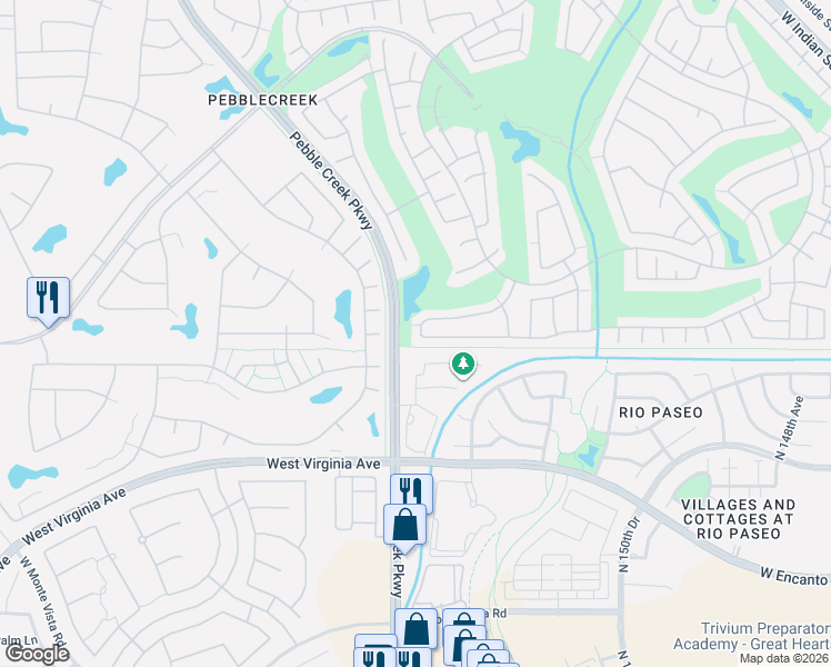 map of restaurants, bars, coffee shops, grocery stores, and more near 2960 North 154th Drive in Goodyear