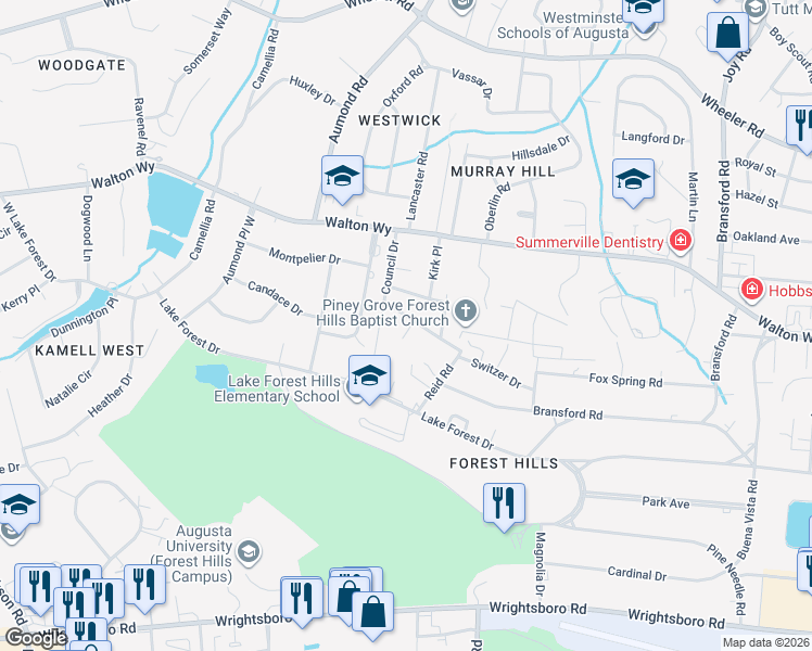 map of restaurants, bars, coffee shops, grocery stores, and more near 3112 Applegate Lane in Augusta