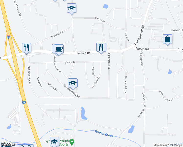 map of restaurants, bars, coffee shops, grocery stores, and more near 50 Wake Road in McDonough