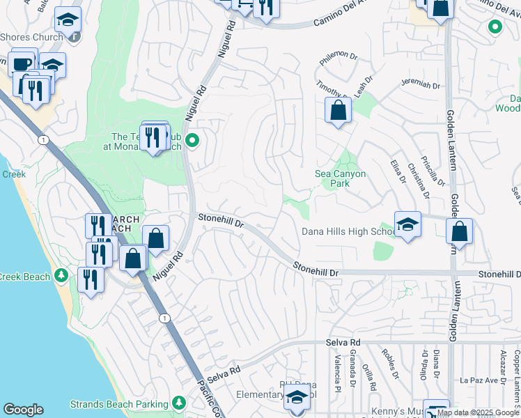 map of restaurants, bars, coffee shops, grocery stores, and more near 6 Los Monteros Drive in Dana Point