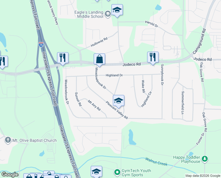 map of restaurants, bars, coffee shops, grocery stores, and more near 550 Meadowbrook Drive in McDonough