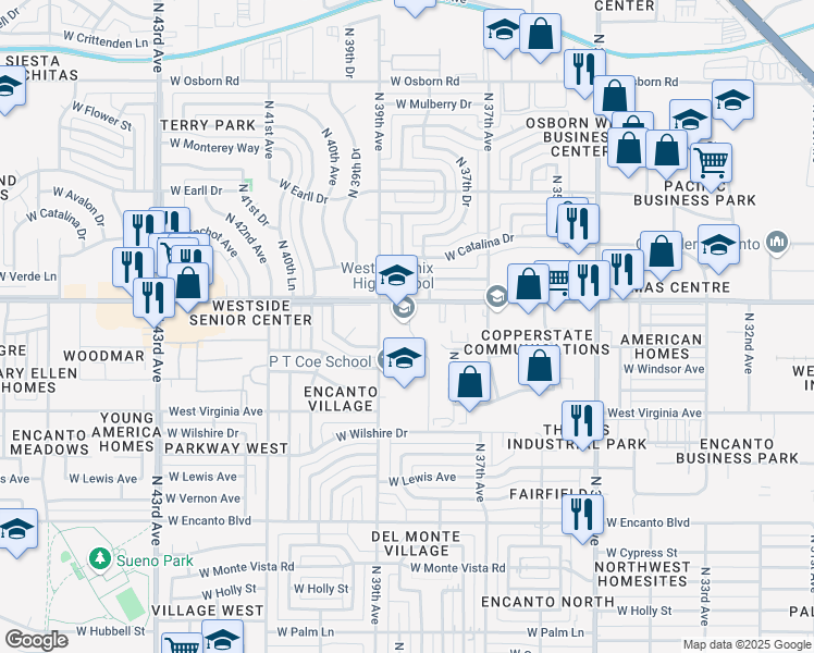 map of restaurants, bars, coffee shops, grocery stores, and more near 3835 West Thomas Road in Phoenix