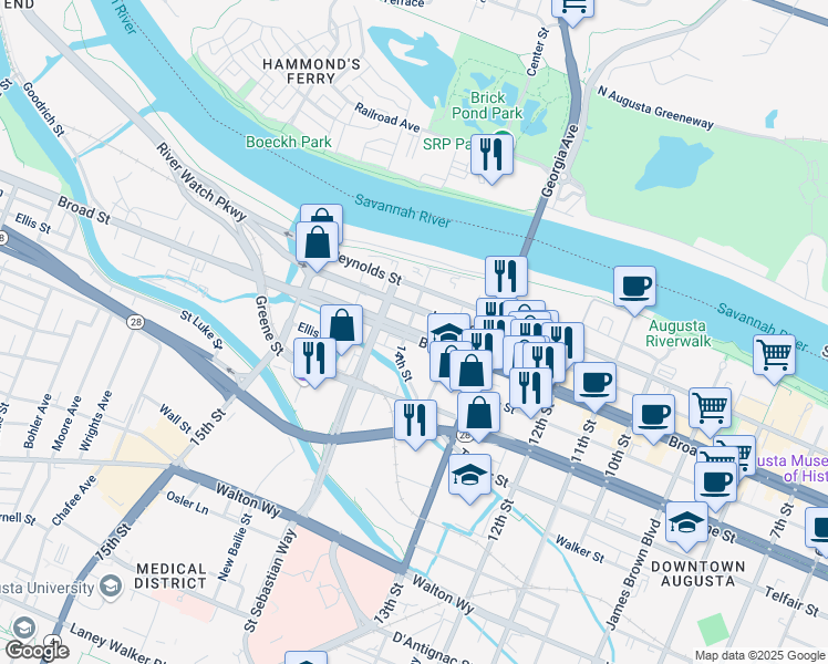 map of restaurants, bars, coffee shops, grocery stores, and more near Broad Street in Augusta
