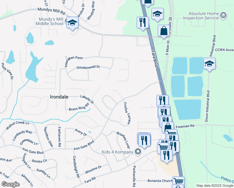 map of restaurants, bars, coffee shops, grocery stores, and more near 10081 Silent Trail in Jonesboro