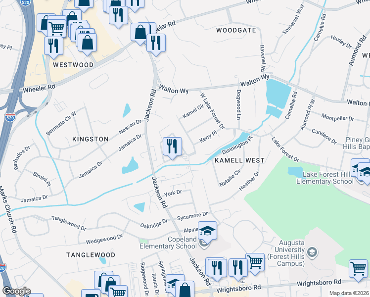 map of restaurants, bars, coffee shops, grocery stores, and more near 846 Wimbledon Drive in Augusta