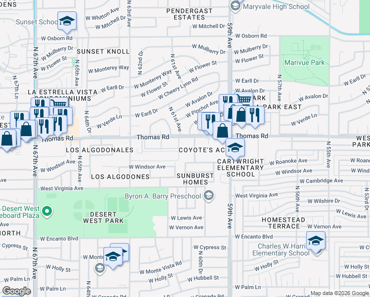 map of restaurants, bars, coffee shops, grocery stores, and more near 6041 West Thomas Road in Phoenix