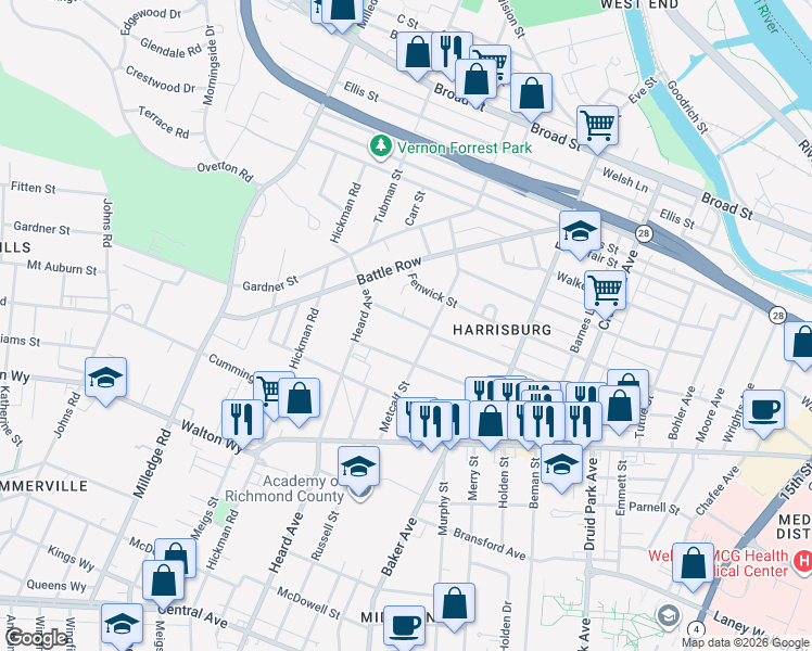 map of restaurants, bars, coffee shops, grocery stores, and more near 2013 Starnes Street in Augusta