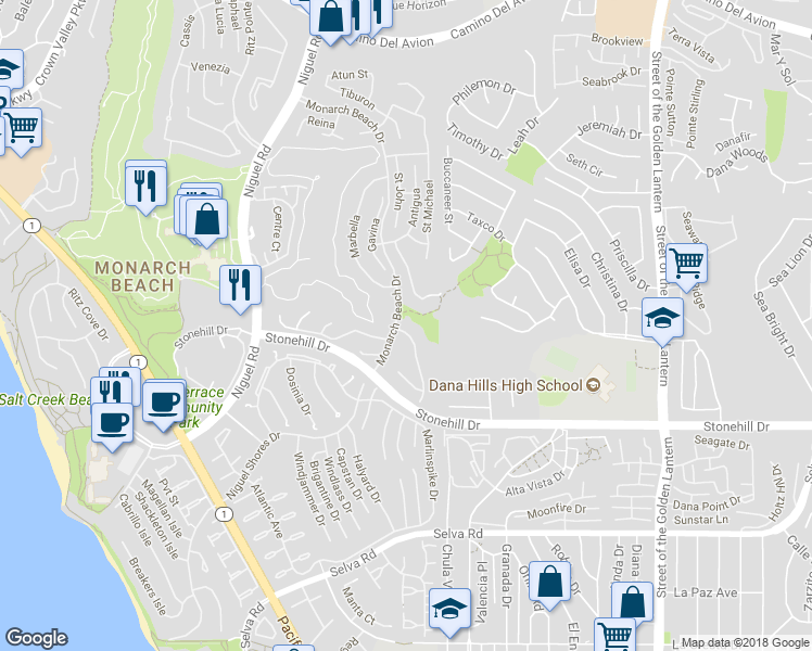 map of restaurants, bars, coffee shops, grocery stores, and more near 1 Tirremia Drive in Dana Point