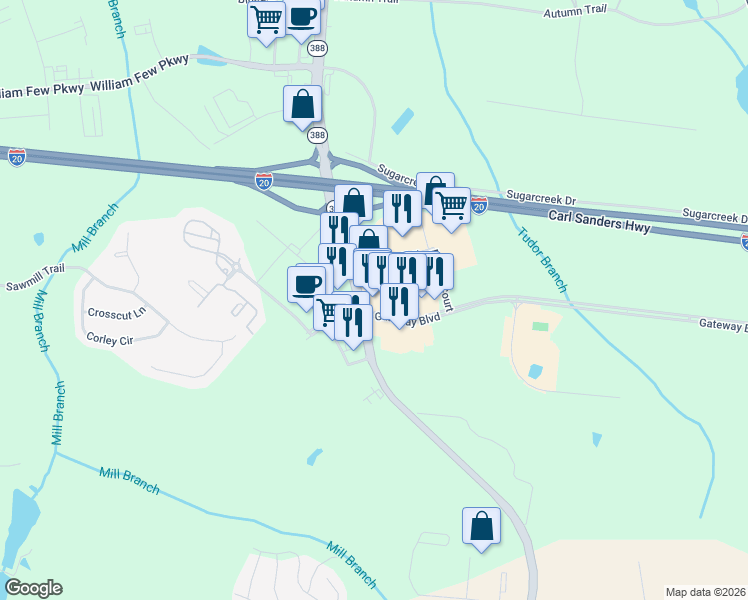 map of restaurants, bars, coffee shops, grocery stores, and more near 4010 Gateway Boulevard in Grovetown