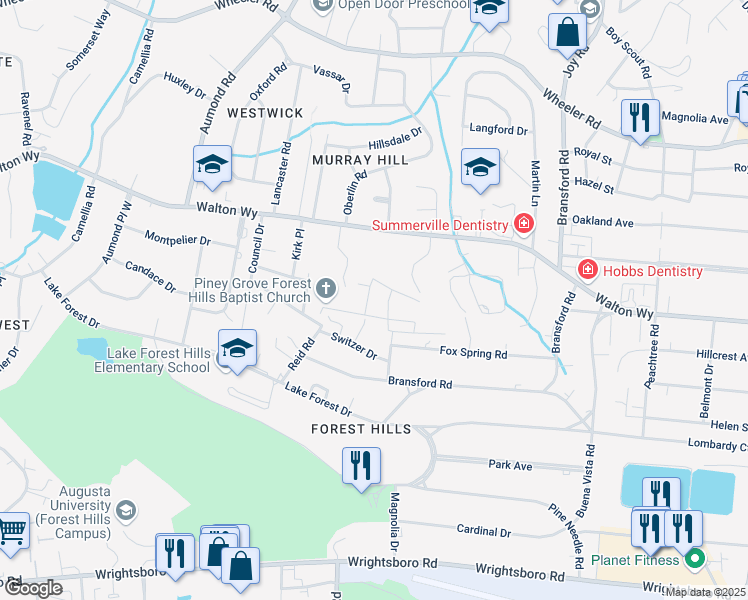 map of restaurants, bars, coffee shops, grocery stores, and more near 3102 Bussey Road in Augusta