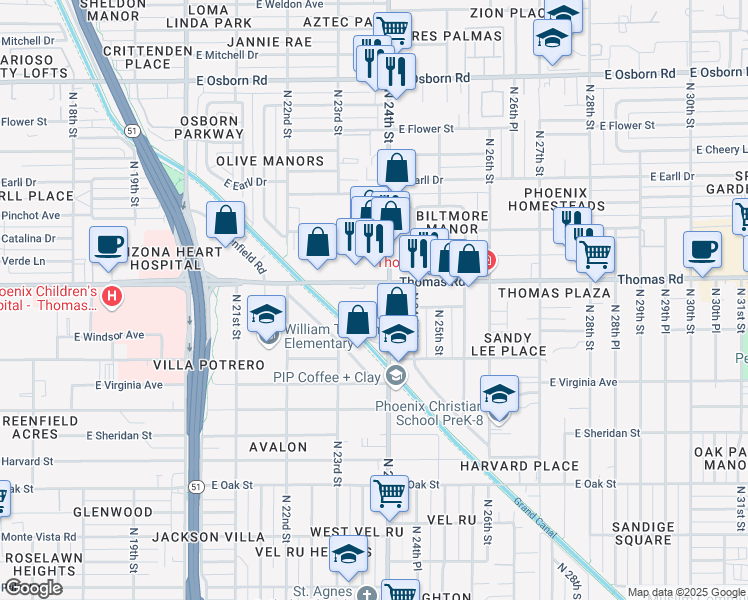 map of restaurants, bars, coffee shops, grocery stores, and more near in Phoenix