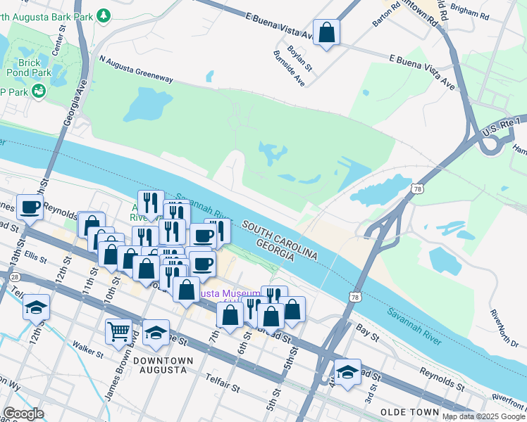 map of restaurants, bars, coffee shops, grocery stores, and more near 420 East Shoreline Drive in North Augusta
