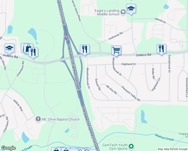 map of restaurants, bars, coffee shops, grocery stores, and more near 40 Sunset Road in McDonough